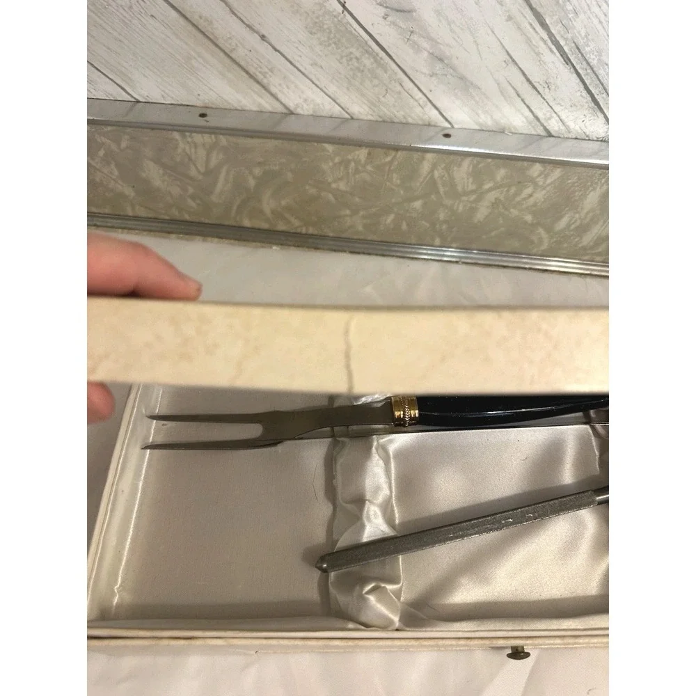 Vintage Bridal Shower Gift Serving Utensil Set Black Handles Gold Accent NICE!